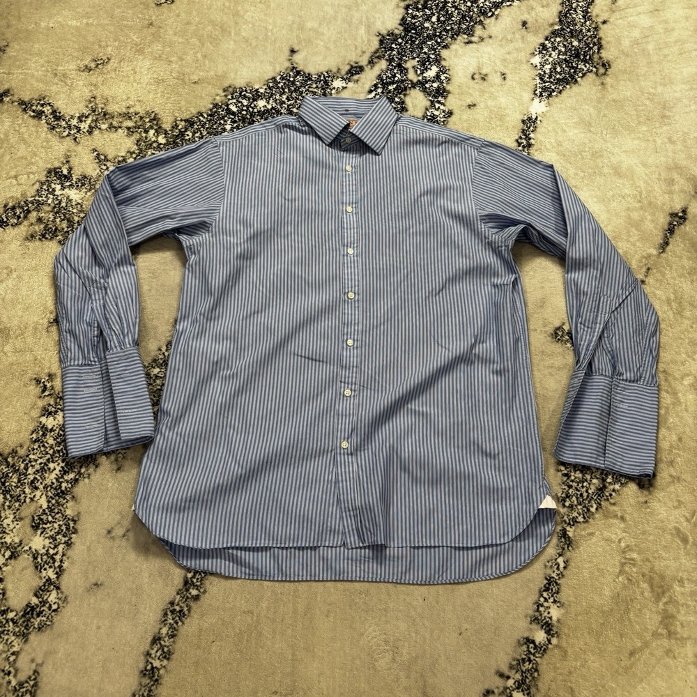 Thomas Pink Shirt Mens Size 16.5 35 Blue Striped French Cuff Cotton Made in UK